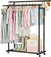 Double Rods Clothes Rack for Hanging Clothes, Clothing Rack with Wheels, Port...