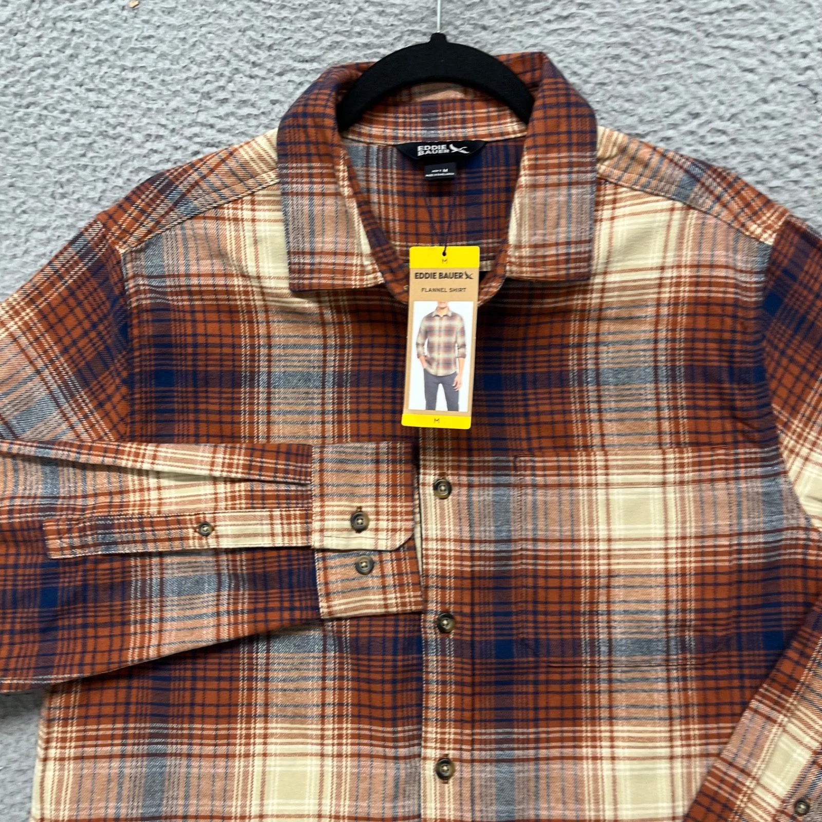 Eddie Bauer Flannel Shirt Mens M Orange Plaid Button Up Long Sleeve Outdoors