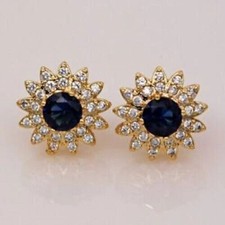 3.50Ct Lab-Created Blue Sapphire Diamond Flower Earring 14K Yellow Gold Finish