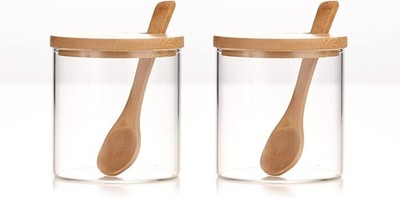 300ML/10Oz Clear Glass Jar with Bamboo Lid and Wooden Spoon, Cute Sugar Bowl