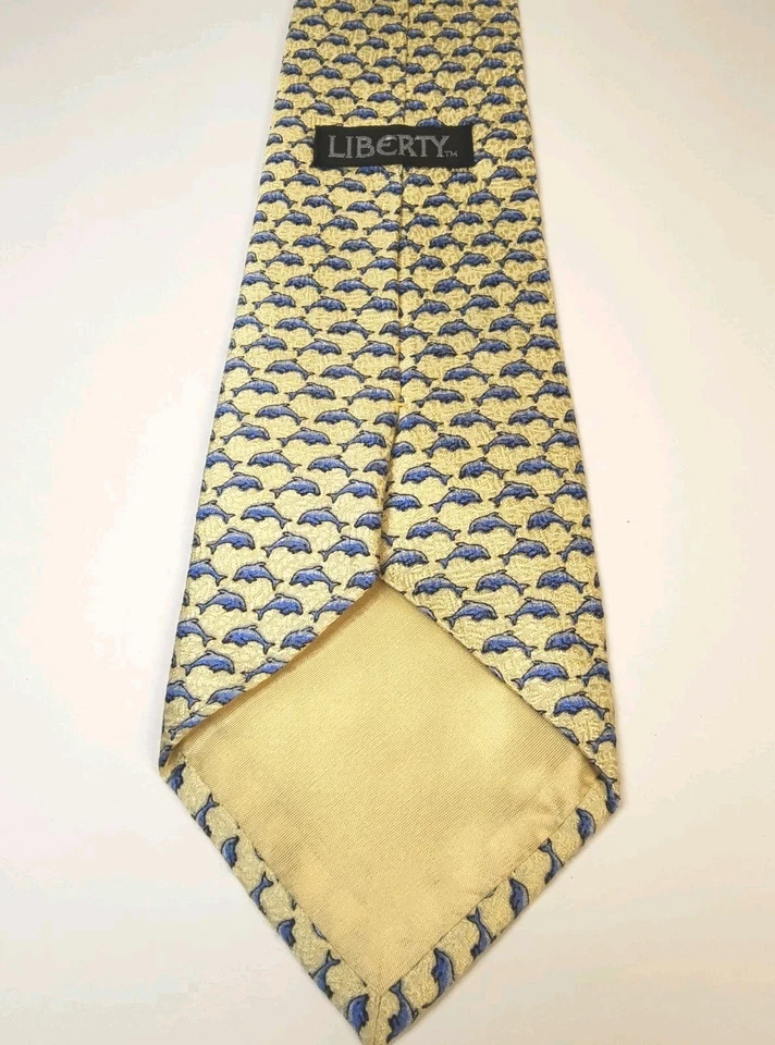 Corbata Liberty of London para hombre amarilla con delfines azules 100 % seda Inglaterra Foto 3 de 4