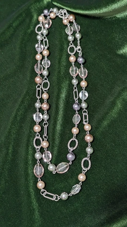 PREMIER DESIGNS "Newport" Pink & Silver Faux Pearl Beaded Link Necklace Long - Image 2 of 2