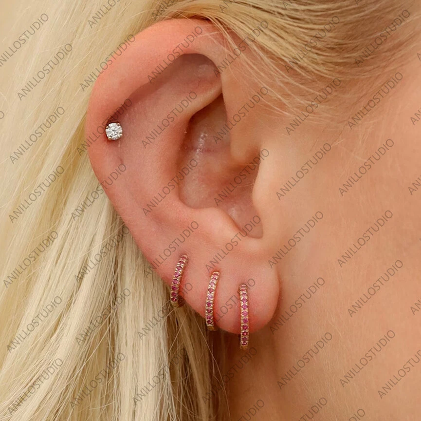 Natural Ruby Cartilage Hoop Earrings, Helix,Tragus Hoop Earrings 14k Yellow Gold - Image 2 of 4