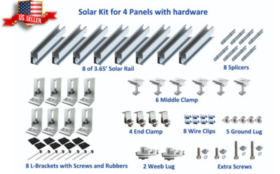 Solar Rail  kit for mounting 4 panels with clamps and L brackets 