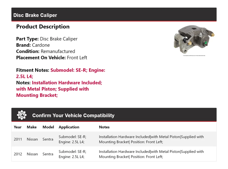 Pinza de freno de disco delantera izquierda cardone para Nissan Sentra SE-R 2011-2012 2,5 L L L4 Foto 2 de 4