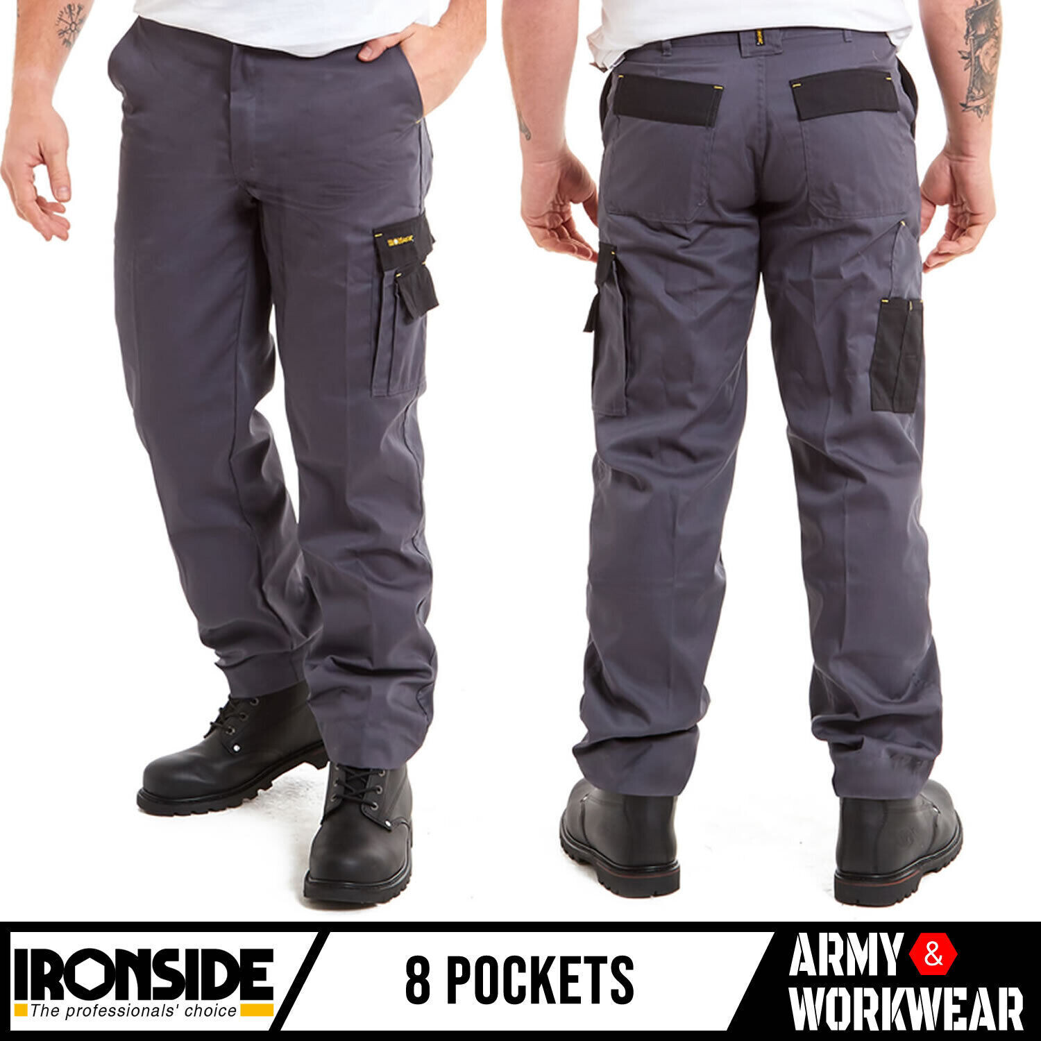 Smart Grey/Black Mens Work Trousers with Cargo Pockets & Elastic Waist - Durable Industrial Wear