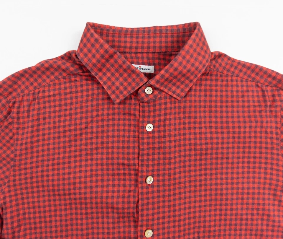 Kiton Shirt Mens 18 / 45 Red Button Down Woven Adult Long Sleeve Check Collared - Image 2 of 4
