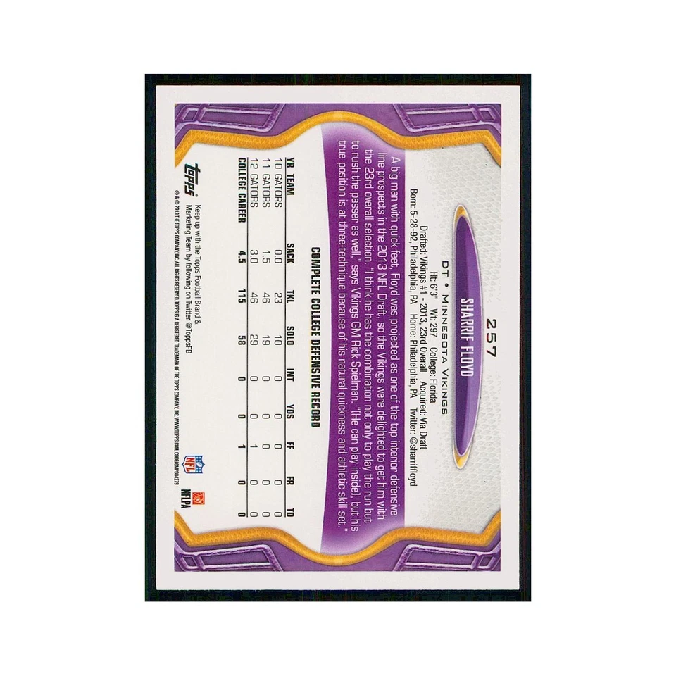 2013 Topps Sharrif Floyd RC Vikings #257 - Image 2 of 3