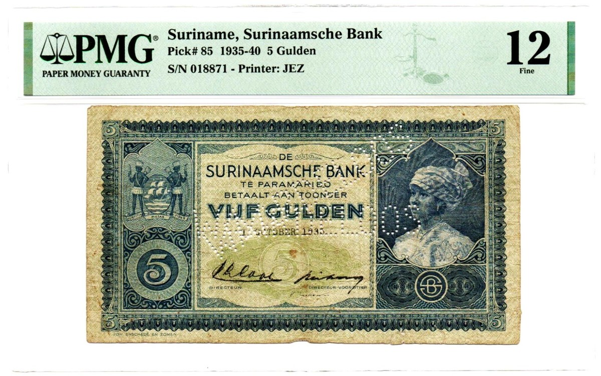 Suriname: Surinaamsche Bank 5 Gulden 1935-40 Pick 85 PMG Fine 12
