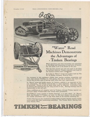 1930 Timken Bearing Ad: WARCO Road Machine, W.A. Riddell Co. Bucyrus ...