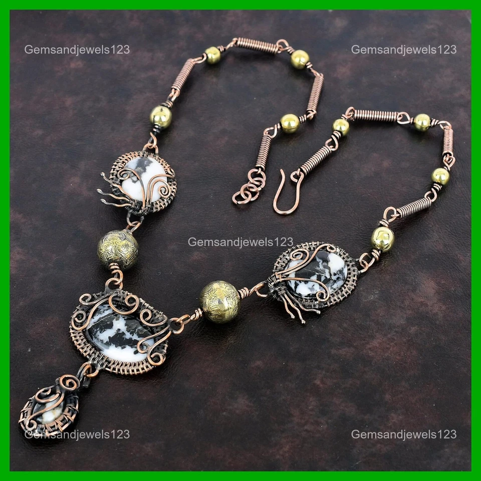 Collar Envuelto Natural Blanco Búfalo Turquesa Cadena Boho Madre Alambre Cobre Foto 4 de 4