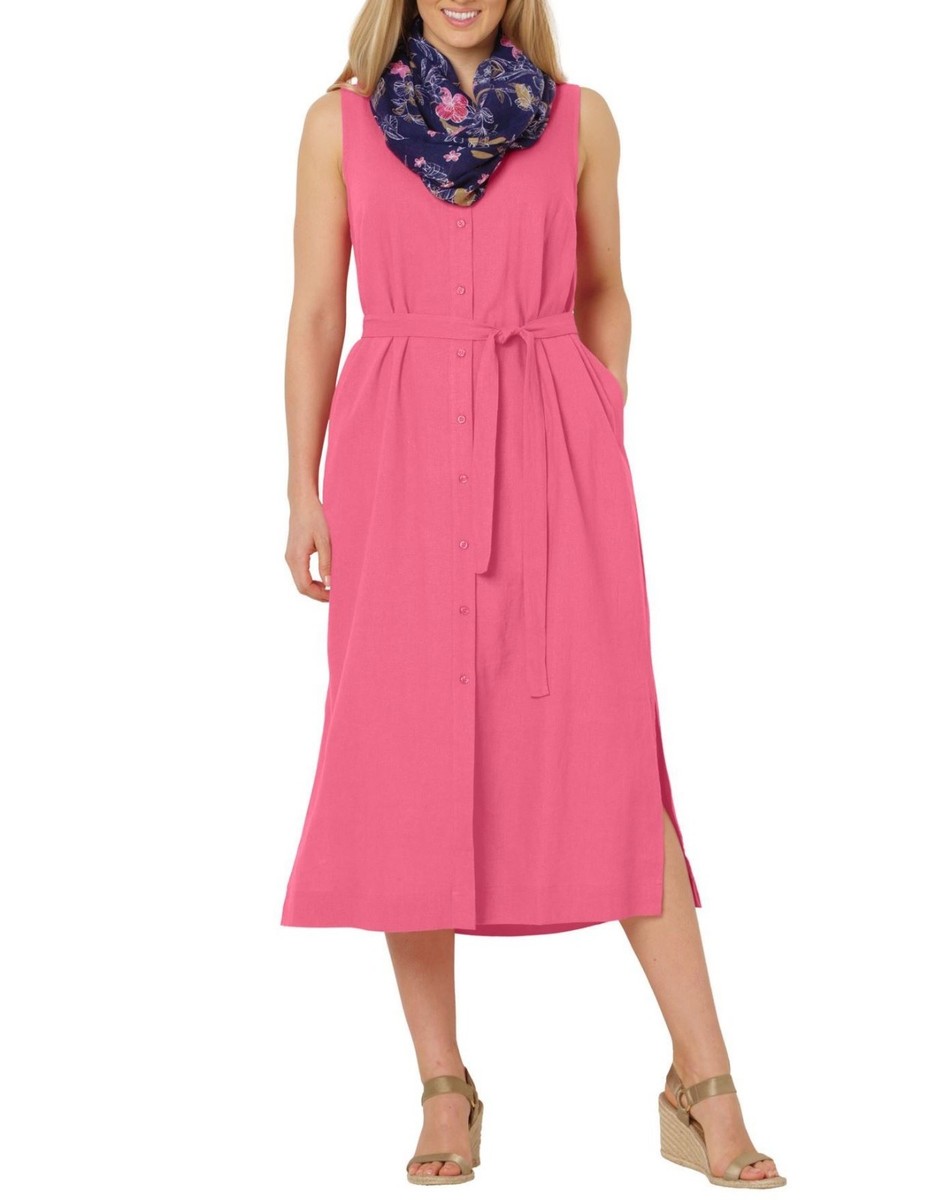 Woman Within Plus Size Bright Pink Sleeveless Button-Front Linen-Blend Dress  26W | eBay
