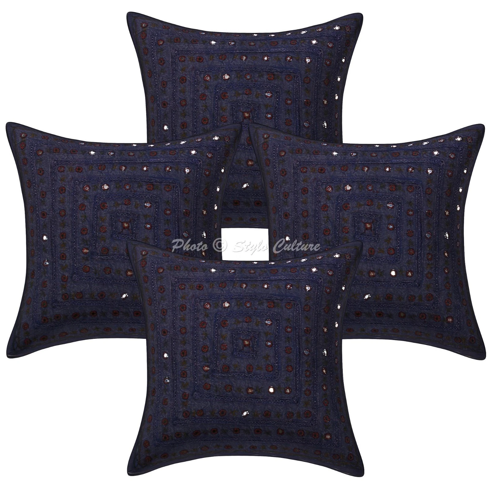 Bohemian Cotton Throw Pillow Covers Embroidered Mirror Lace Blue Geometric Decor