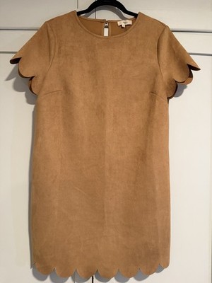 Entro Scallop Edge Faux Suede Carmel Shift Dress, Size S-EUC