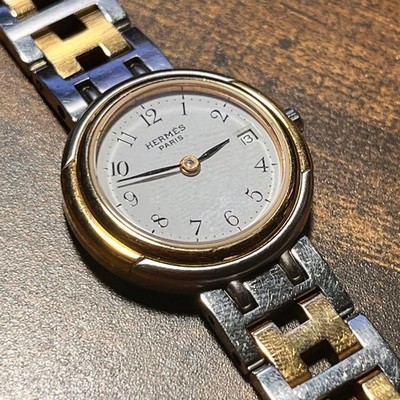 Hermes H Motif Silver Gold Steal Quartz Watch Water Resistant Used