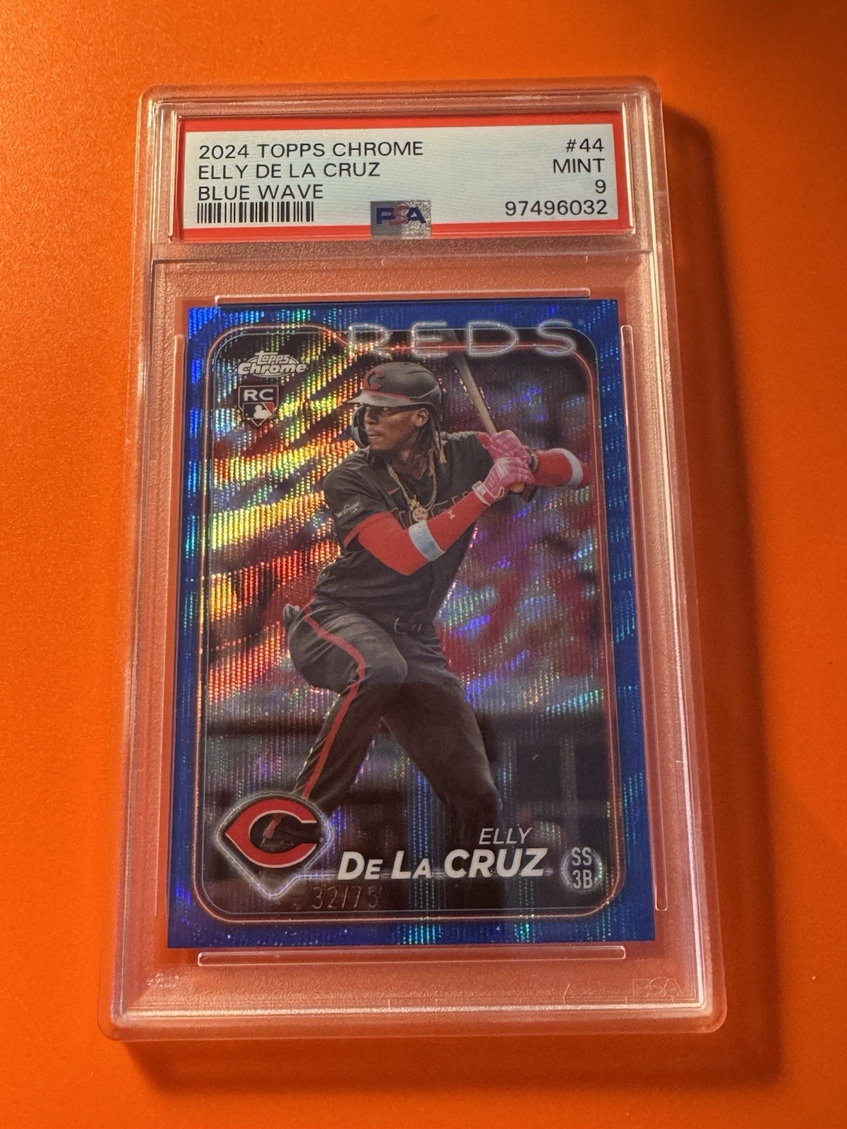 2024 Topps Chrome Elly de la Cruz #44  BLUE WAVE 32 /75 ROOKIE RC Reds PSA 9