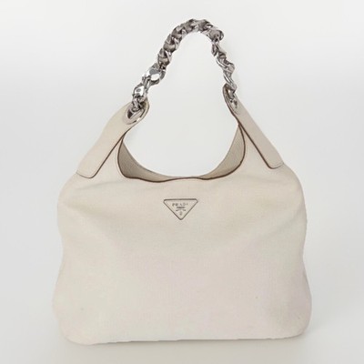 Prada Vitello Daino Cream Leather Chain Hobo Shoulder Bag Made in Italy Luxe