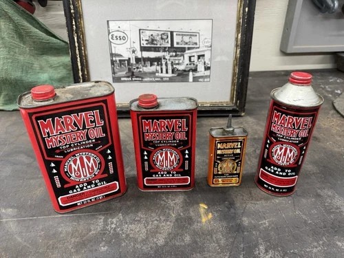 Vintage Marvel Mystery Oil Top Cyclinder Lubrication 32 oz Metal Cans + 4 Oz  +