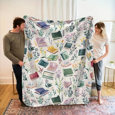 Book & Floral Watercolor Throw Blanket - Soft Plush Flannel All 