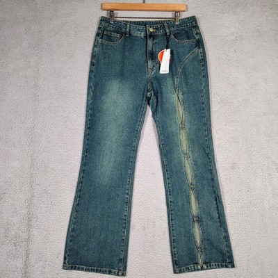 Cider Jeans Womens Large Blue Denim Medium Wash Flared Leg Cut-Out Retro Y2K NWT