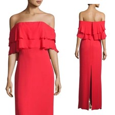 PARKER BLACK 'Helen' Coral Red Silk Chiffon Off Shoulder Gown NWT $388 US 6