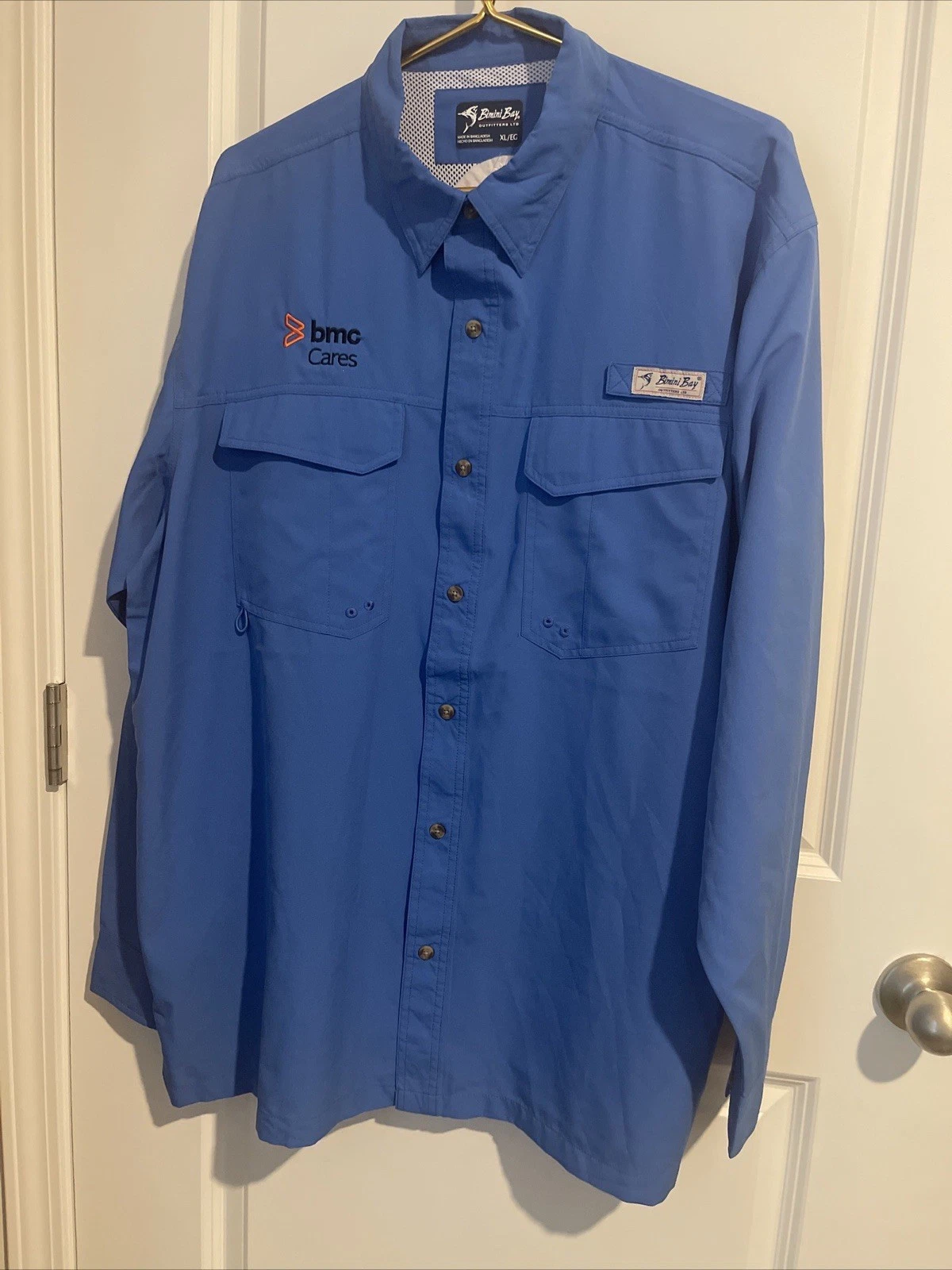 Bimini Bay Mens SZ XL Blue Fishing Shirt Button Front 26 P2P 32 Shoulder-Hem