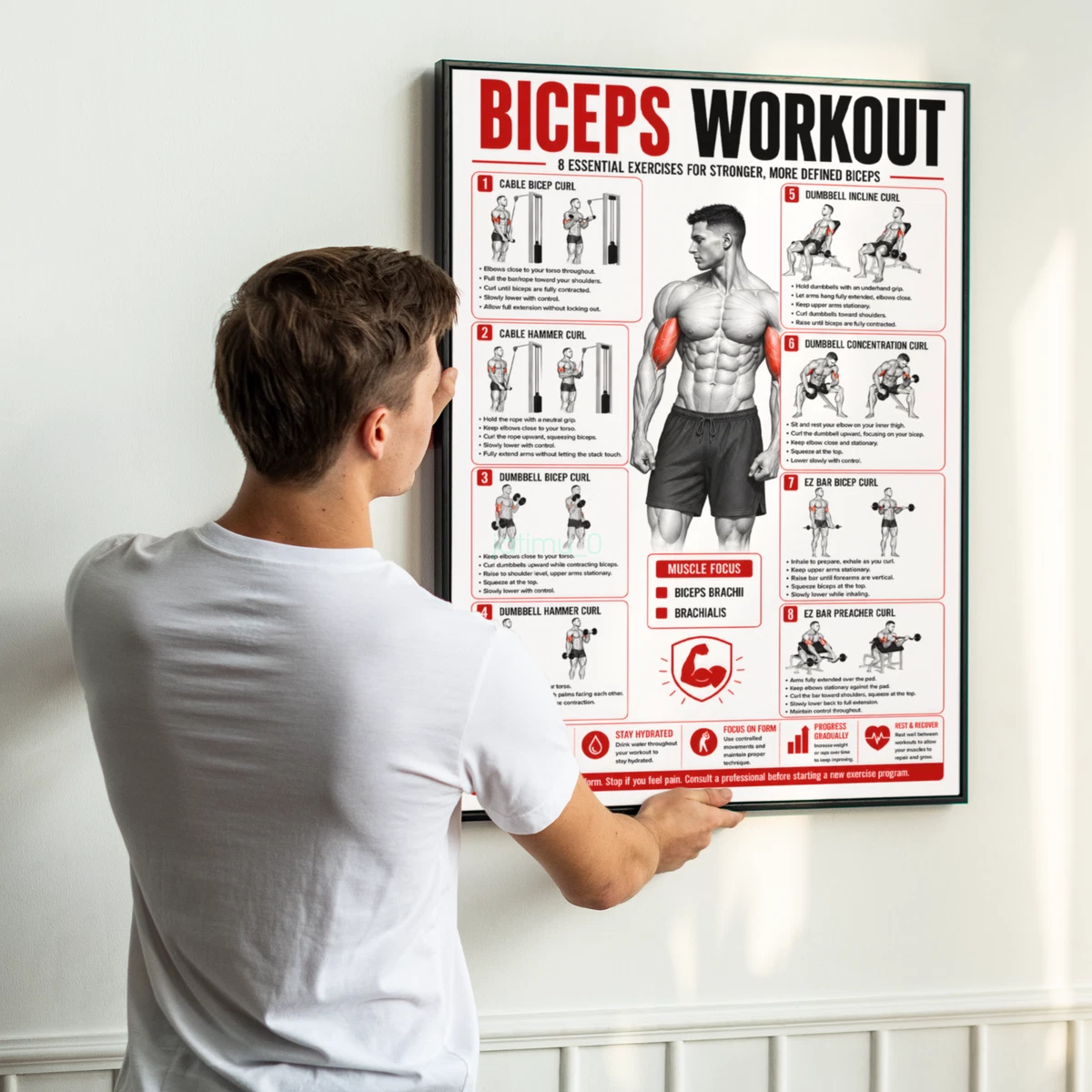 Bicep WORKOUT POSTER Gym Exercise Training Wall Chart Workout Poster A5-A1 AU