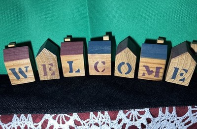 Vintage Primitive Wood Welcome House Blocks Sign 7pc Folk Art Shelf Sitter Decor