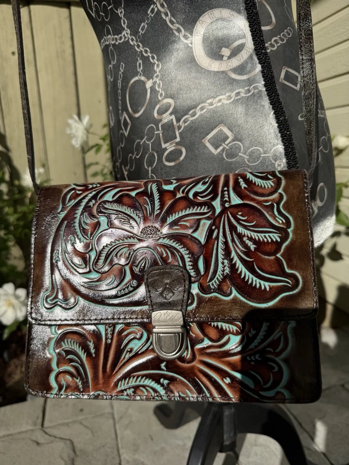 Patricia Nash Locri Hand Tooled Leather Brown Turquoise Handbag Purse Crossbody - Image 3 of 4