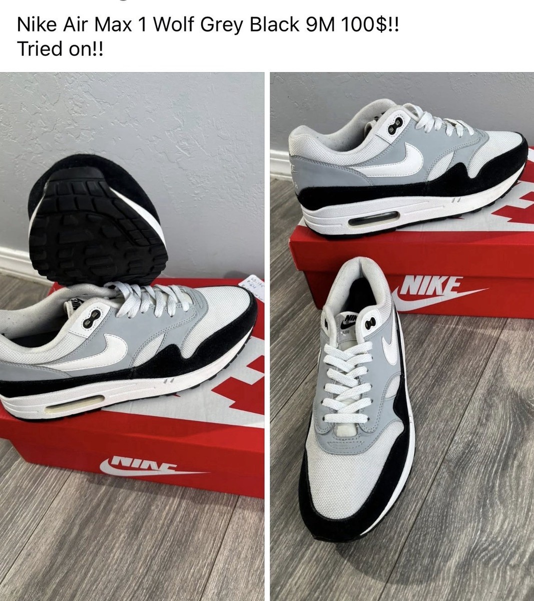 Nike Air Max 1 Wolf Grey Black White Low Top Athletic Sneakers Lace Up Men's — product photo 1 of 1