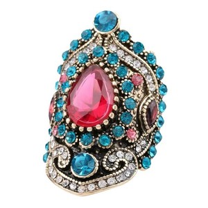 Authentic Gold Plated Pink Crystal and Blue Diamond Ring Vintage Women's Ring Jewelry