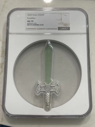NGC MS70 2025 Chad Excalibur with Green Crystal Blade 1 oz Silver Coin Antiqued