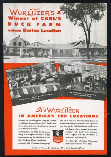 1942 Carl's Duck Farm Boston photo Wurlitzer 950 115 jukebox WWII ad