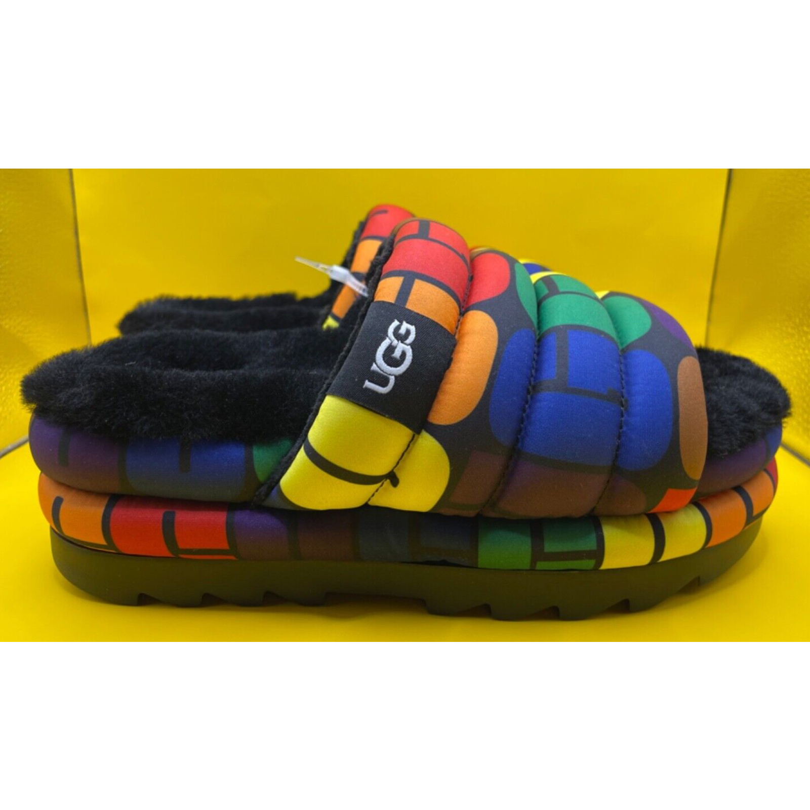 Ugg Real Lamb Fur Maxi Pride Slide Rainbow Logo Sandals Women Size 7