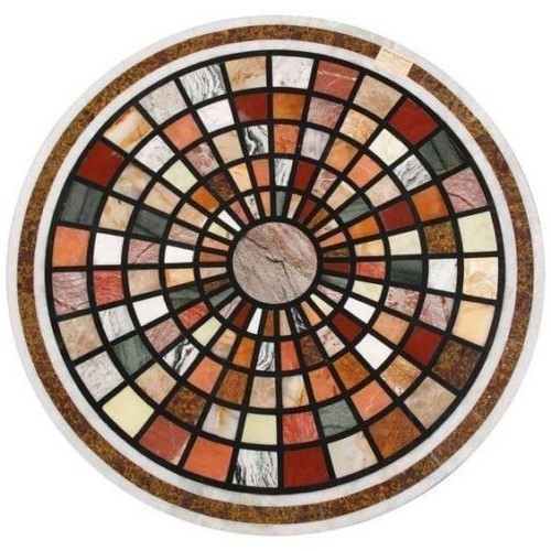 24x24 White Marble Table Top with Pietra Dure Multi-Stone Inlay Art