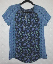 TALBOTS Women's Multi-color Smocked neck Short Sleeve Silky Chiffon Blouse NWT