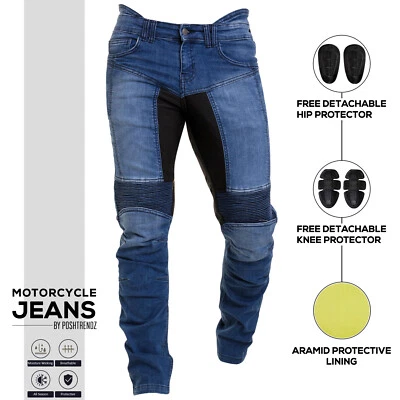 Men Stretch Panel Motorcycle Pants Blue Denim Aramid Lined Biker Riding Jeans
