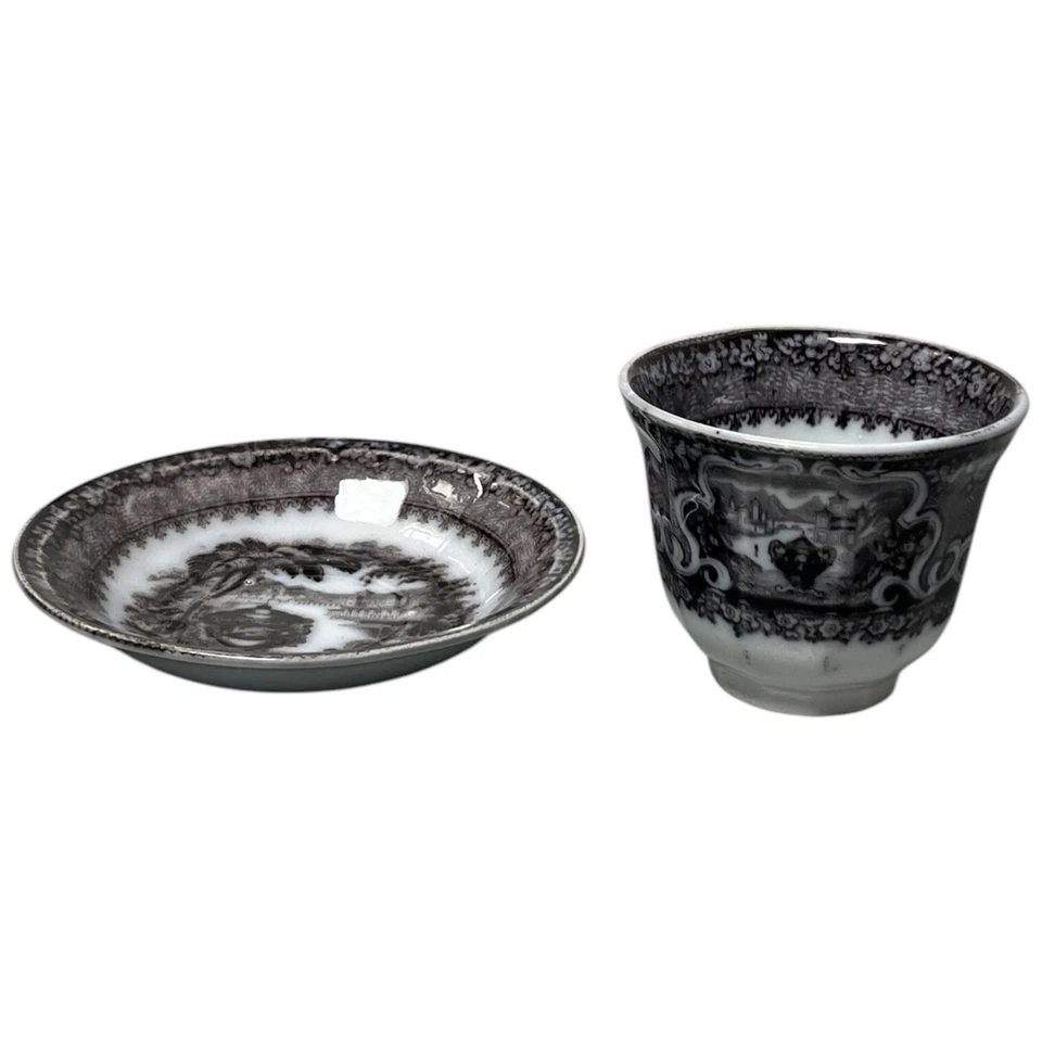 Jarrón antiguo Flow Mulberry negro transferware taza platillo sin mango Washington Foto 4 de 4