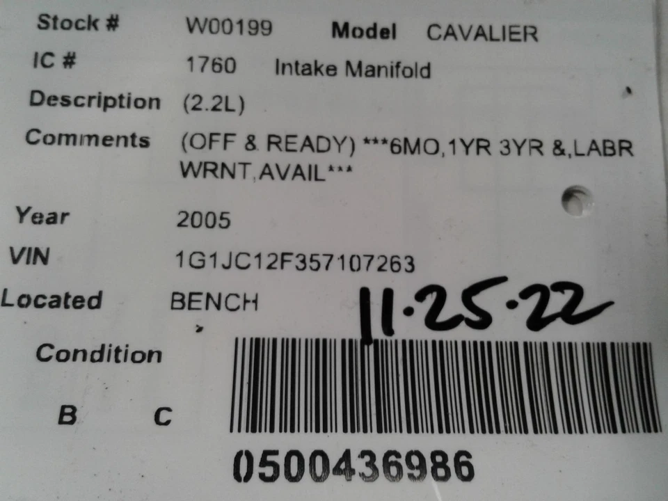 Used Engine Intake Manifold fits: 2005 Chevrolet Cavalier 2.2 Grade A Foto 3 de 4