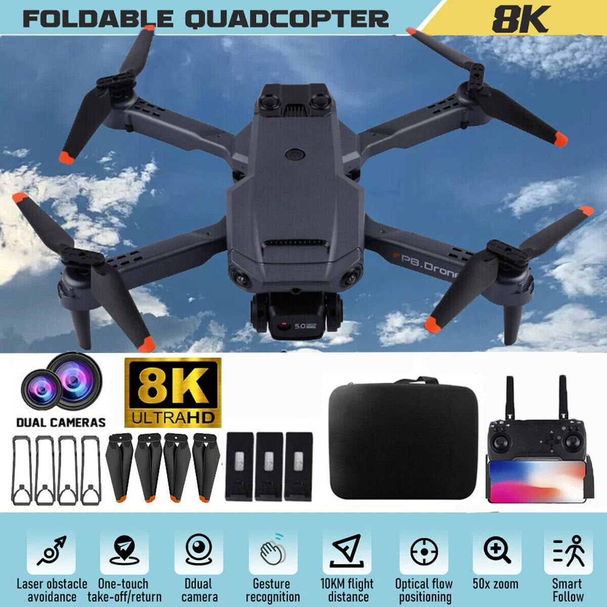 New 8K HD Drone Dual Camera WIFI FPV Foldable 3 Batteries Selfie RC Quadcopter