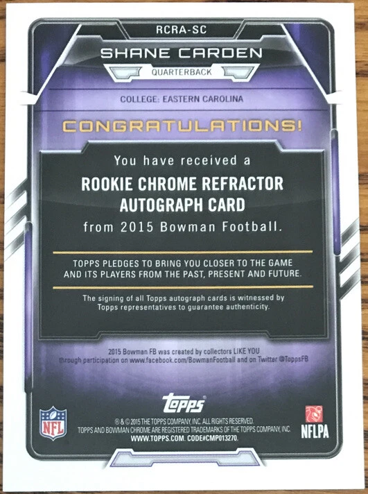 2015 Bowman Chrome Rookie Autographs Refractors Shane Carden RCRA-SC - Image 2 of 2
