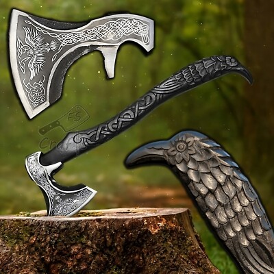 Hand Forged Ravens of Odin Axe Crows Engraved Viking Norse Axe Raven Skull Axe