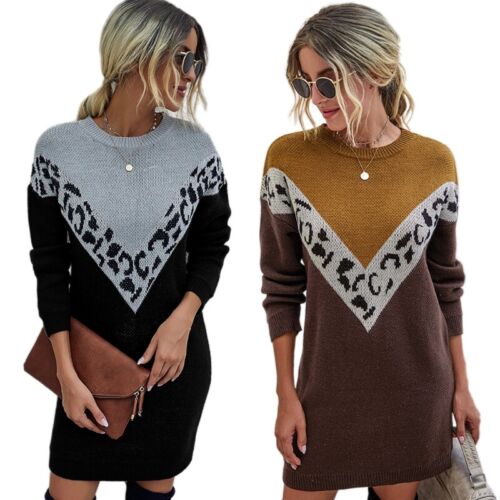 Women Long Sleeve Knit Sweater Dress Leopord Stitching Midlength Jumper Pullover - Bild 1 von 9