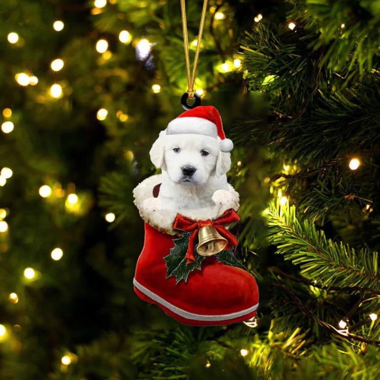 Golden Retriever White In Santa Boot Christmas Ornament