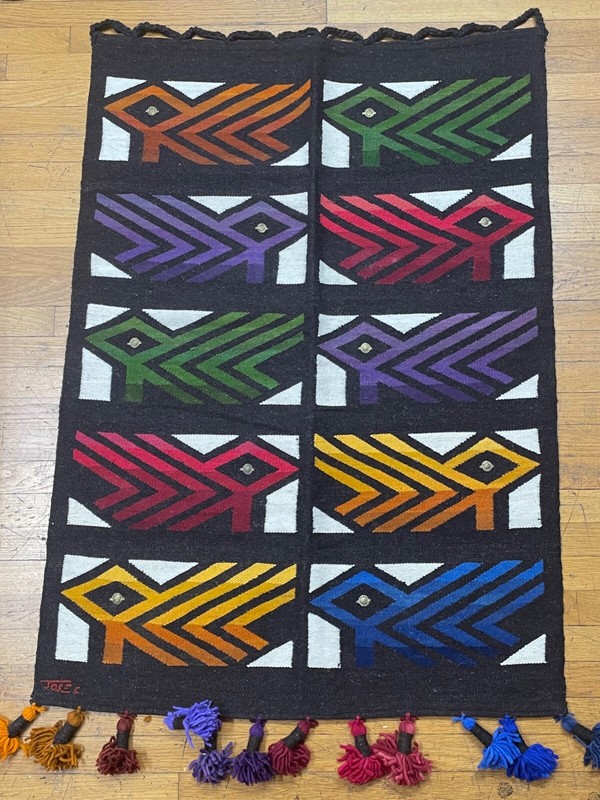 Peru Pervuvian Rug Wall Hanging Vivid Colors Bird Pattern Medallion vintage