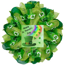 Happy St Patrick  s Day With Leprechaun Hat and Rainbow Handmade Deco Mesh Wreath