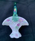 Fenton Art Glass Hand Painted White Mini Basket w Purple Floral Green Handle 5"