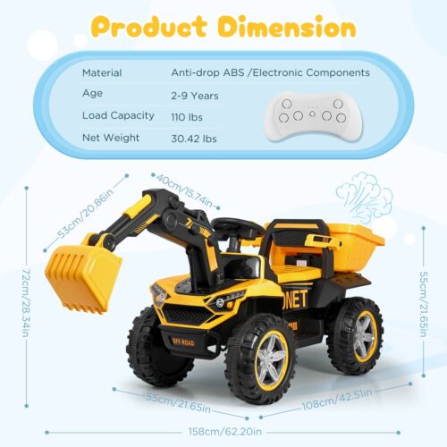 12V Elektroauto Kinder Sitzbagger mit Lenkbarer Schaufel Hupe Rutschauto Remote - Bild 4 von 13