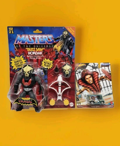 (2) Masters of the Universe Origins Buzz Saw Hordak Figure & Hot Wheels Bread B