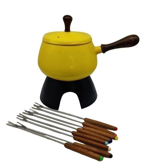 Mid-Century Style Fondue Set Yellows with 8 Sticks Forks Colored Handles
